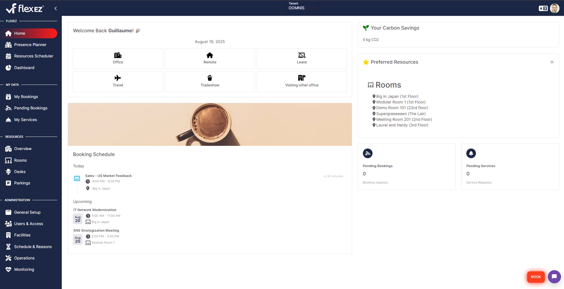 Room booking dashboard interface